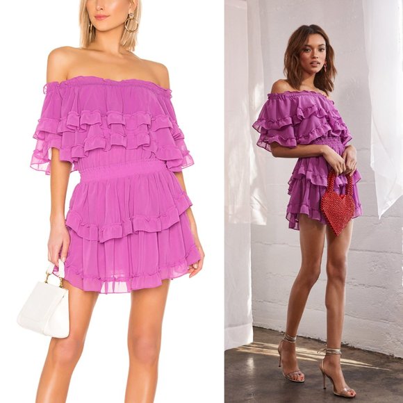 Misa Los Angeles Dresses & Skirts - MISA Los Angeles Isella Tiered Ruffled Off Shoulder Smocked Mini Dress Purple M